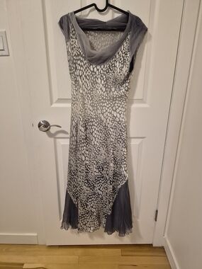 Komarov Gray and White Draped Neck Midi Dress